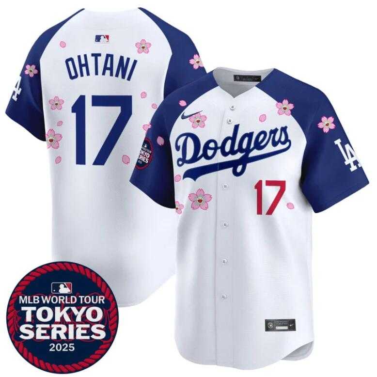 Men%27s Los Angeles Dodgers #17 Shohei Ohtani White Royal 2025 Tokyo Series Limited Stitched Jersey Dzhi
